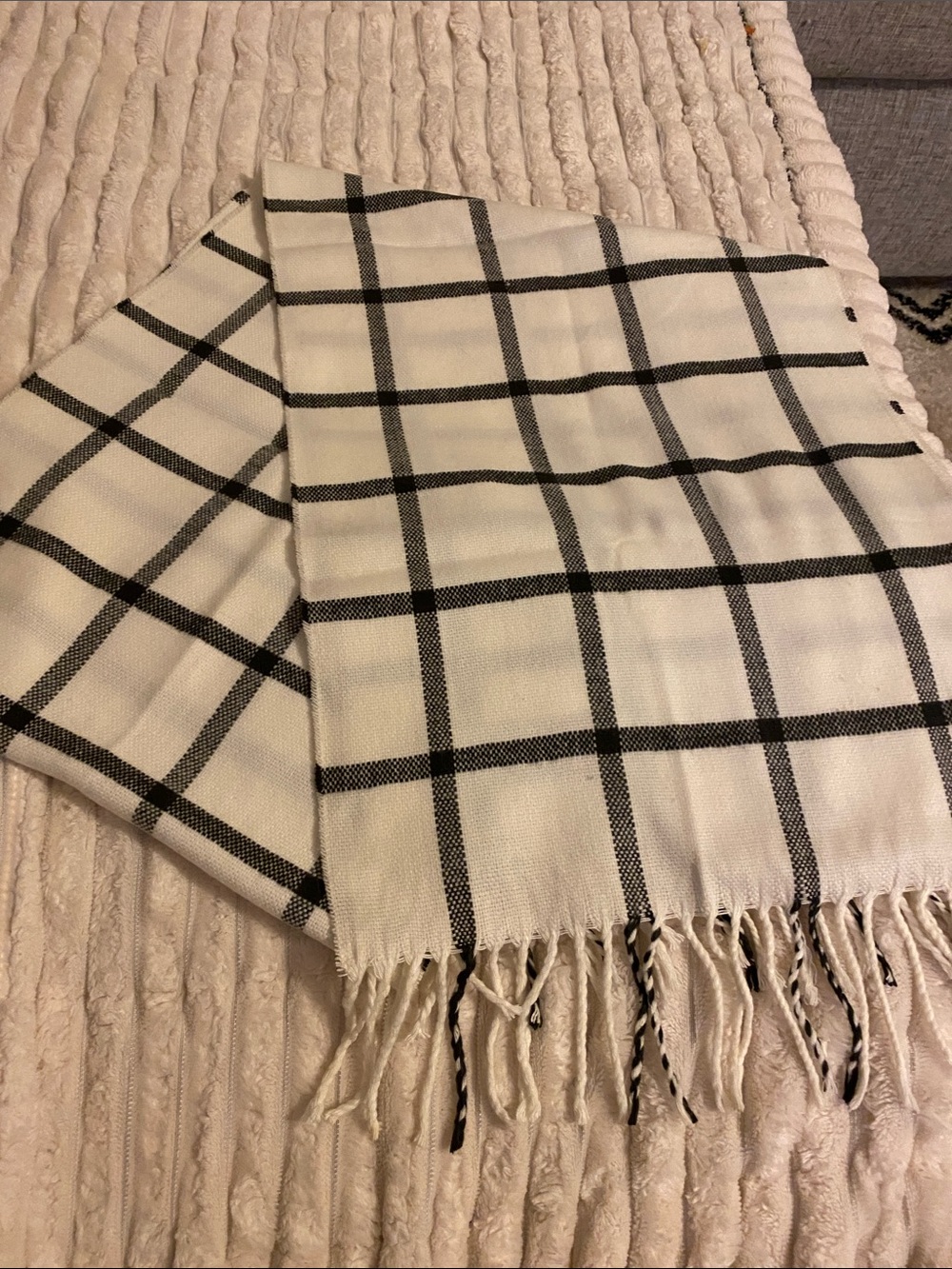 Cashmere Cream and Black Windowpane Fringe Scarf